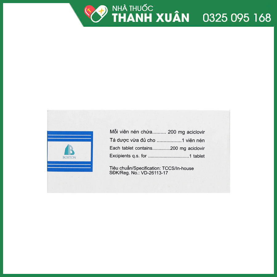 Acyclovir Boston 200 thuốc điều trị khởi đầu và phòng tái nhiễm virus Herpes simplex, trị zona, thủy đậu